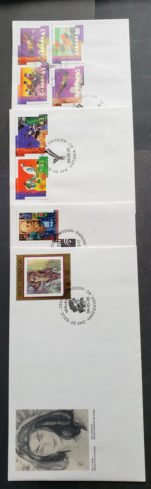 Canada #1510, 1516, 1518a, 1519-1522 43c, 50c & 88c Multicolor  1994 T. Eaton - Commonwealth Games Issues, 3 Canada Post FDC's Franked With Singles & Combinations, Approx 30,000-60,000 Of Each Produced, Cat. Value $11.20