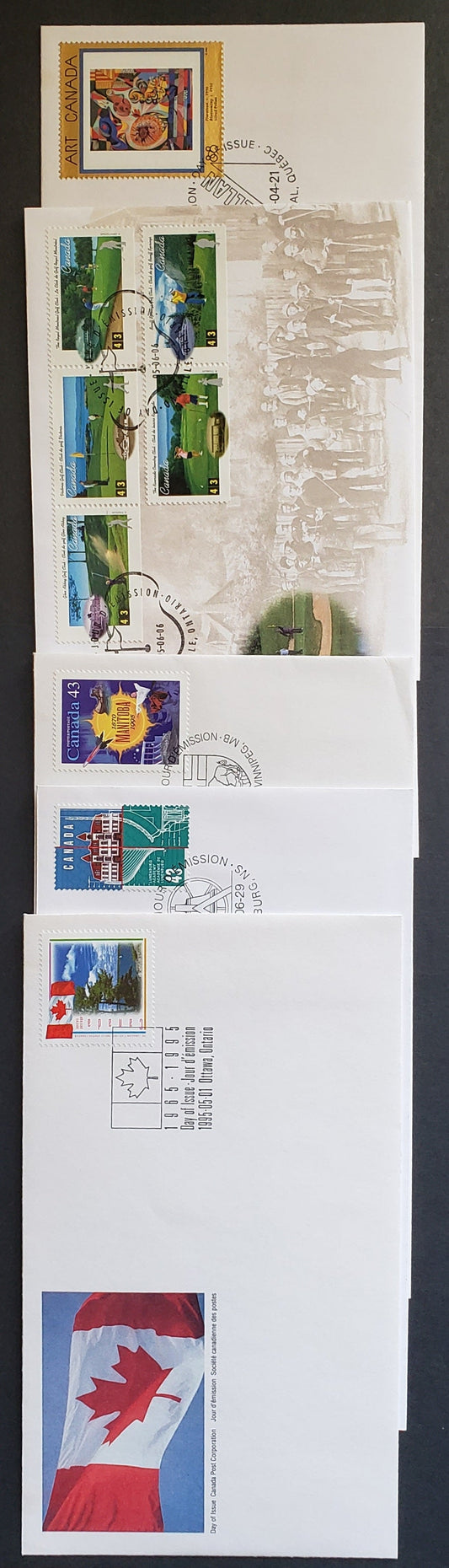 Canada #1538, 1545-1546, 1557a, 1562 43c & 88c Multicolor 1995 Art Canada - Manitoba Issue, 5 Canada Post FDC's Franked With Singles & Strips, Approx 30,000-60,000 Issued, Cat. Value $11.6