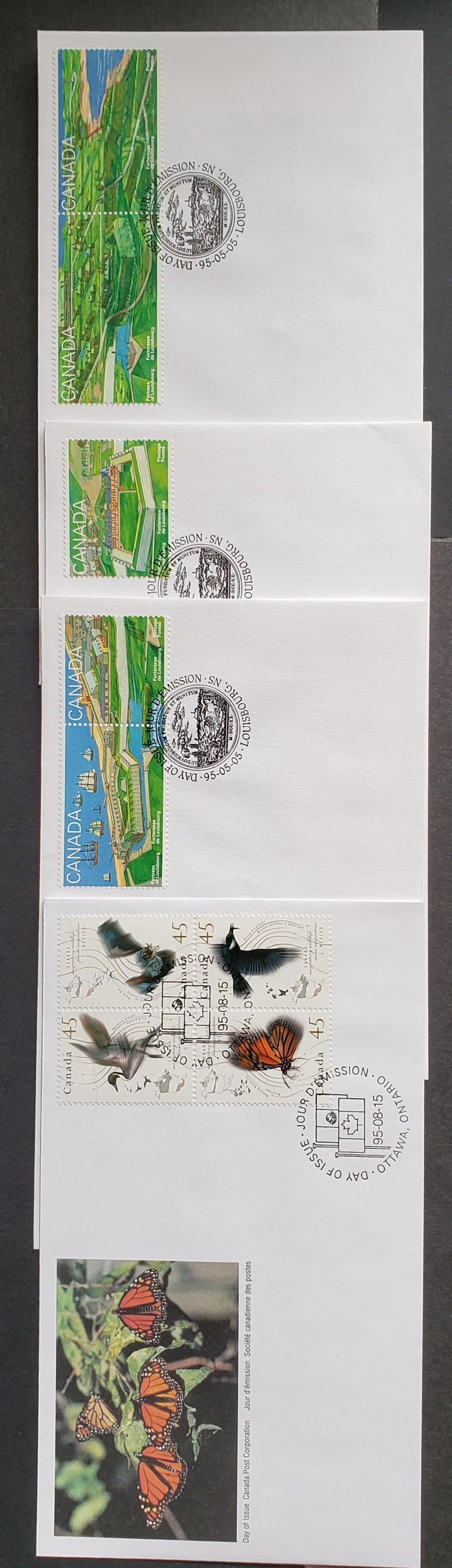Canada #1547-1551, 1566a 45c Multicolor 1995 Louisbourg Fortress - Migratory Wildlife Issues, 4 Canada Post FDC's Franked With Stips & Block, Approx 40,000 Issued, Cat. Value $10.25