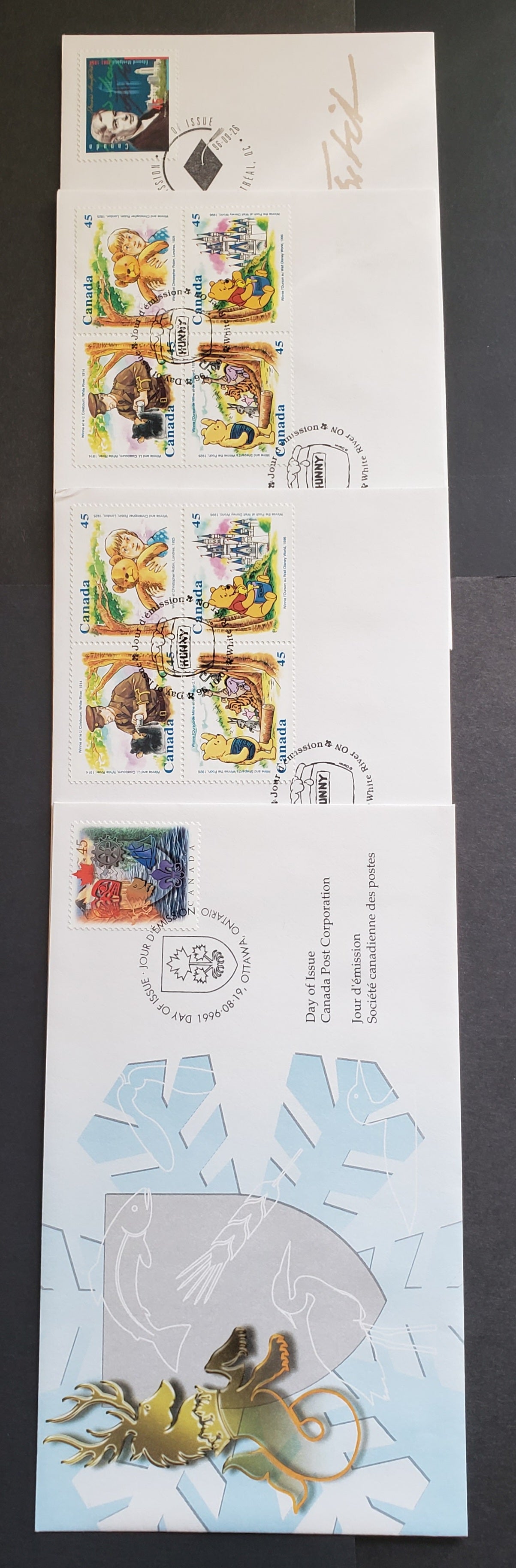 Canada #1614, 1617, 1621a 45c Multicolor 1996 Heraldry - Winnie The Pooh, 4 Canada Post FDC's Franked With Singles & Blocks, Approx 30,000-40,000 Issued For Each, Cat. Value $7.2