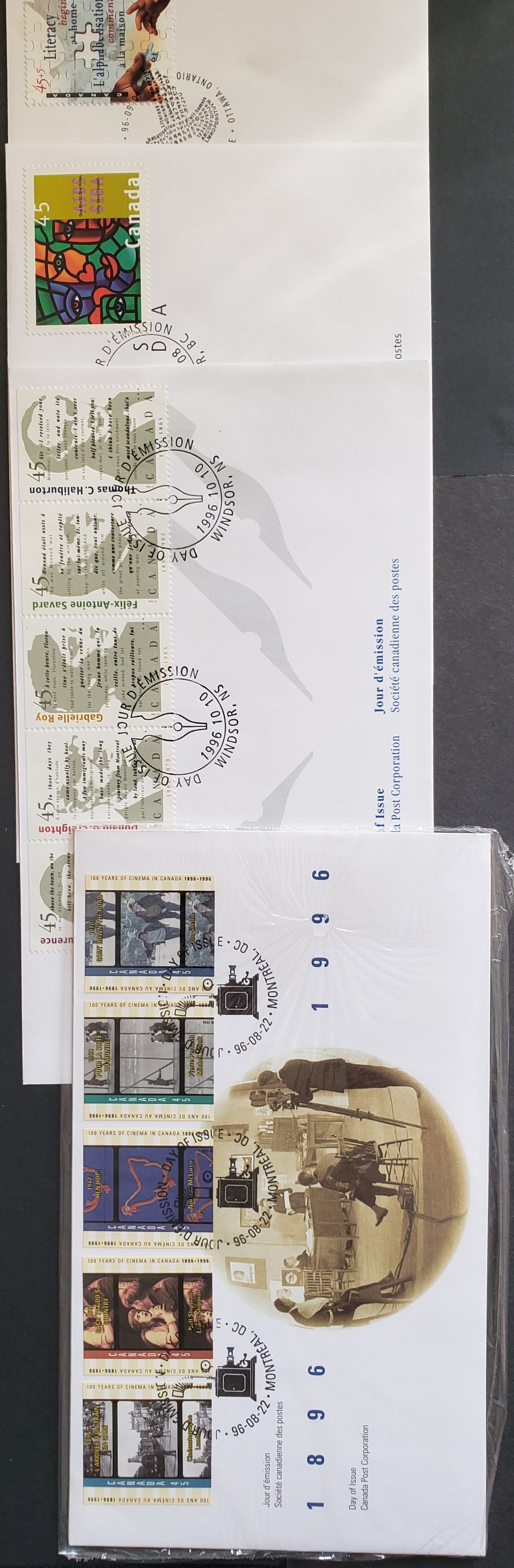 Canada #B13, 1603, 1615-1616, 1626a 45c, 45c+5 Multicolor 1996 AIDS - Authors Issues, 4 Canada Post FDC's Franked With Singles & Strips, Approx 30,000-40,000 Issued For Each, Cat. Value $18.4