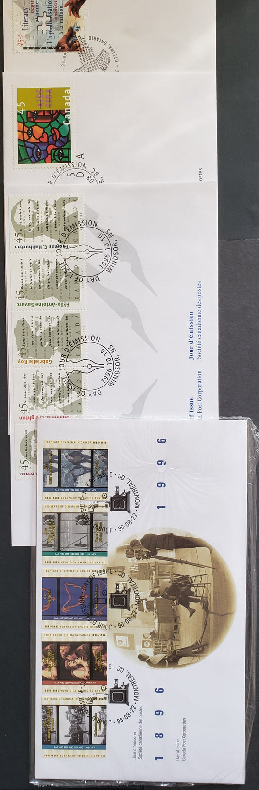 Canada #B13, 1603, 1615-1616, 1626a 45c, 45c+5 Multicolor 1996 AIDS - Authors Issues, 4 Canada Post FDC's Franked With Singles & Strips, Approx 30,000-40,000 Issued For Each, Cat. Value $18.4