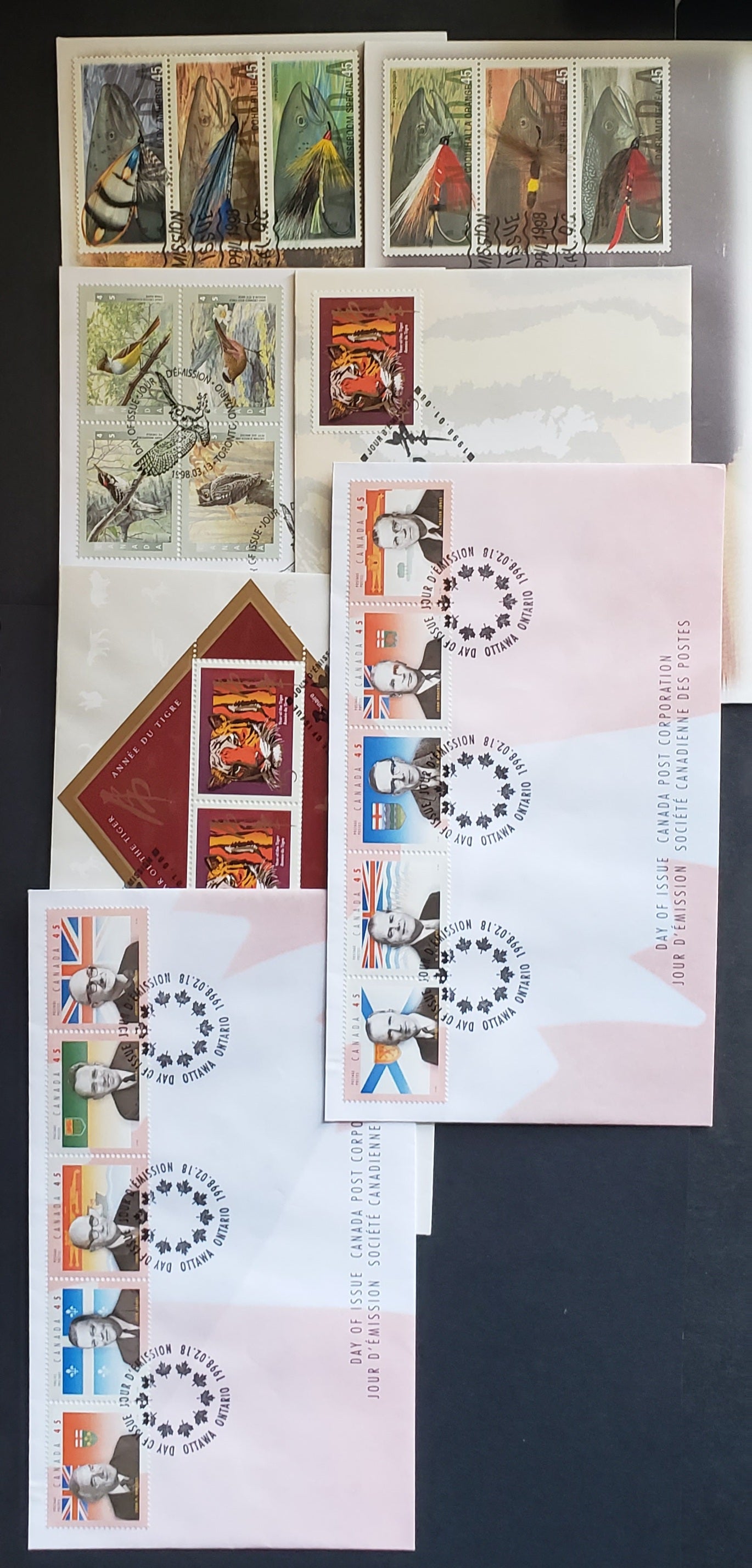 Canada #1708,a, 1709a-j, 1713a, 1715-1720 45c Multicolor 1998 Year Of The Tiger - Fishing Flies, 7 Canada Post FDC's Franked With Singles, Se-tenant & Souvenir Sheets, Approx 40,000 Issued Of Each, Cat. Value $25.2