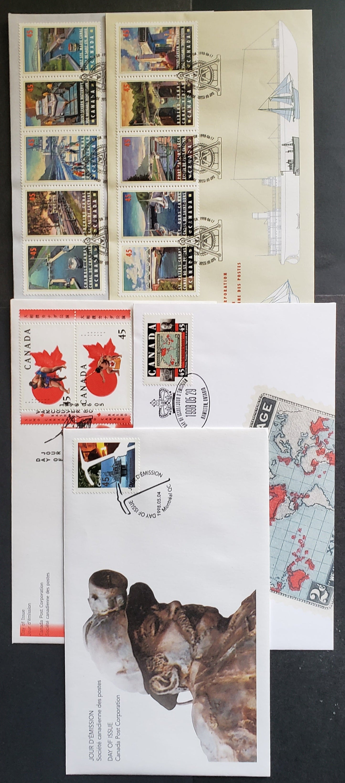 Canada #1721-1724a, 1725-1734 45c Multicolor  1998 CIM Centennrial - Canal Issues, 5 Canada Post FDC's Franked With Singles & Pair, Approx 40,000 Of Each Issued, Cat. Value $15.6