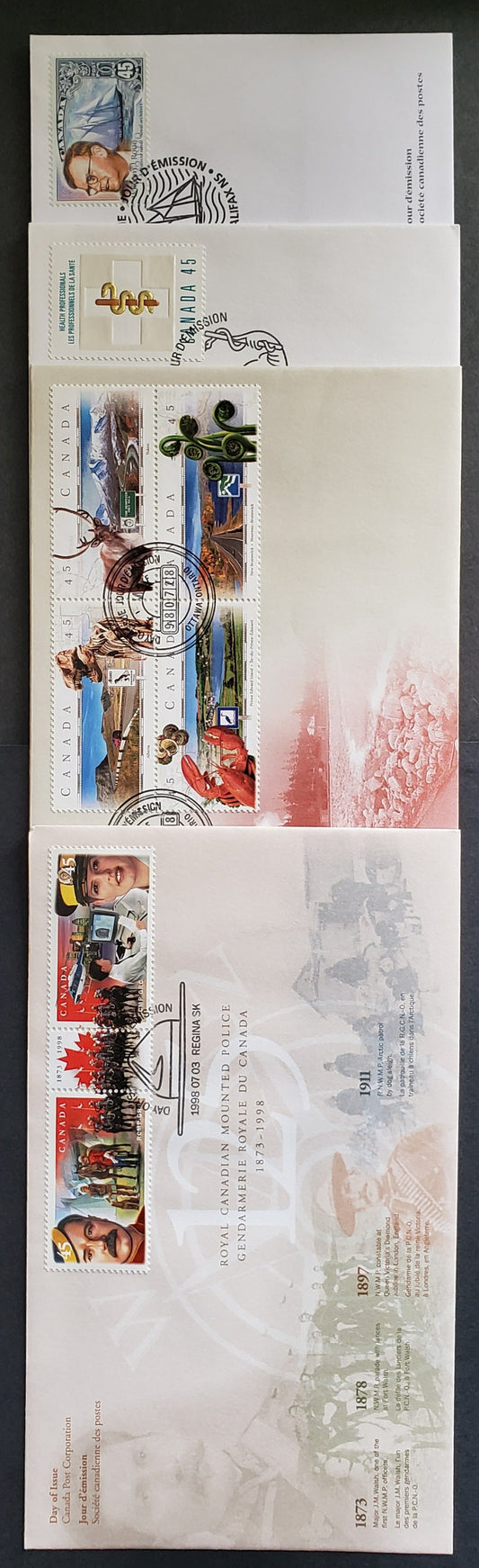 Canada #1735, 1737a, 1738, 1742a 45c Multicolor  1998 Health Professionals - Scenic Highways Issues, 4 Canada Post FDC's Franked With Singles, Pair & Block, Approx 40,000 Of Each Issued, Cat. Value $9.6