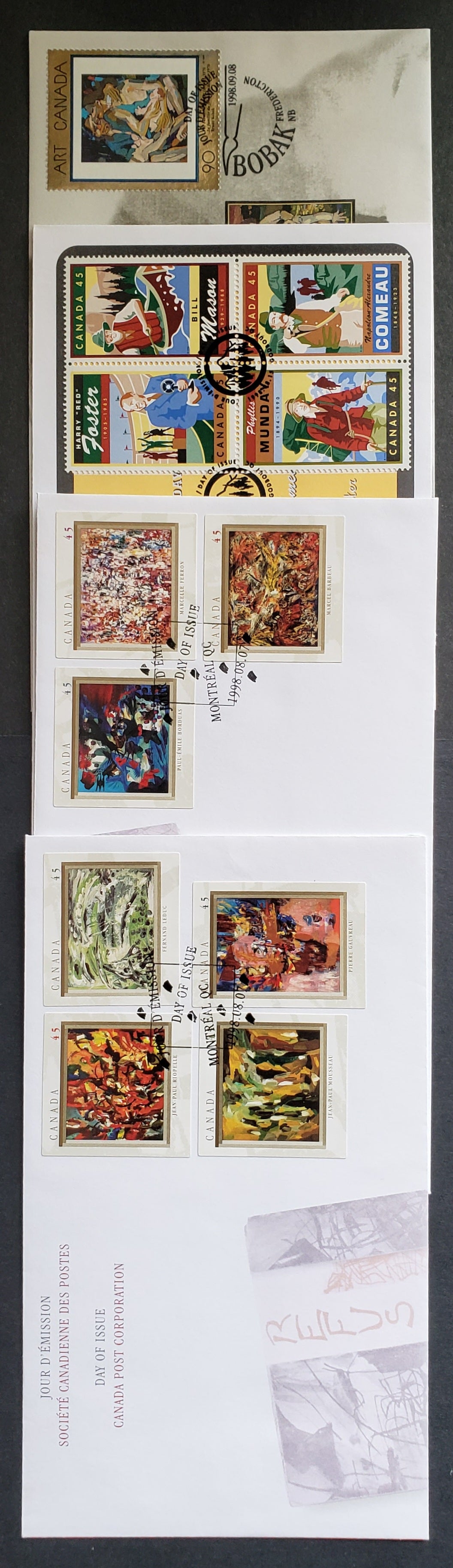 Canada #1743-1754 45c & 90c Multicolor  1998 Automatistes - Art Canada, 4 Canada Post FDC's Franked With Singles & Block, Approx 40,000 Of Each Issued, Cat. Value $14.2