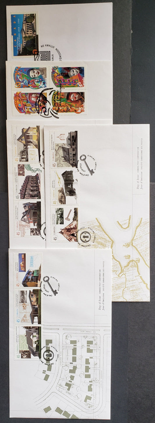 Canada #1755a-I, 1756, 1760a 45c Multicolor  1998 Housing - Circus Issues, 5 Canada Post FDC's Franked With Singles, Block & Strips, Approx 40,000 Of Each Issued, Cat. Value $15.6