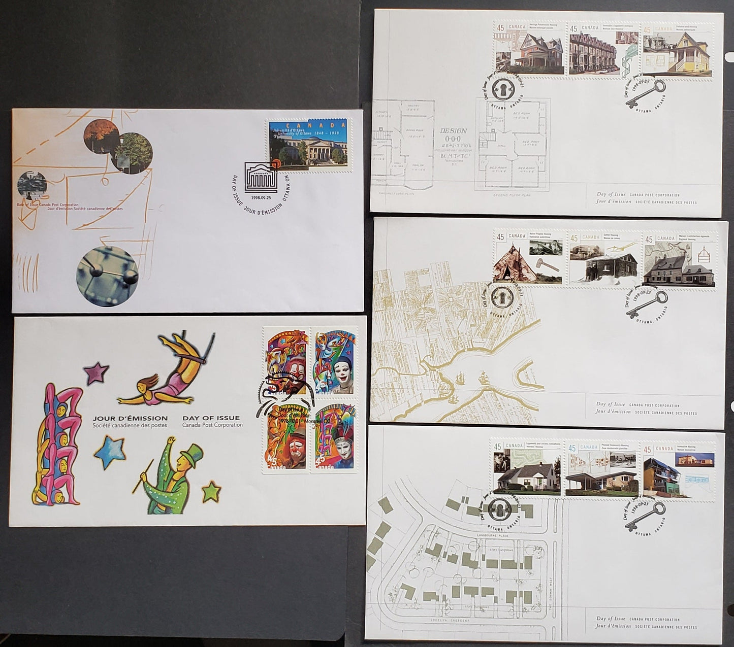 Canada #1755a-I, 1756, 1760a 45c Multicolor  1998 Housing - Circus Issues, 5 Canada Post FDC's Franked With Singles, Block & Strips, Approx 40,000 Of Each Issued, Cat. Value $15.6
