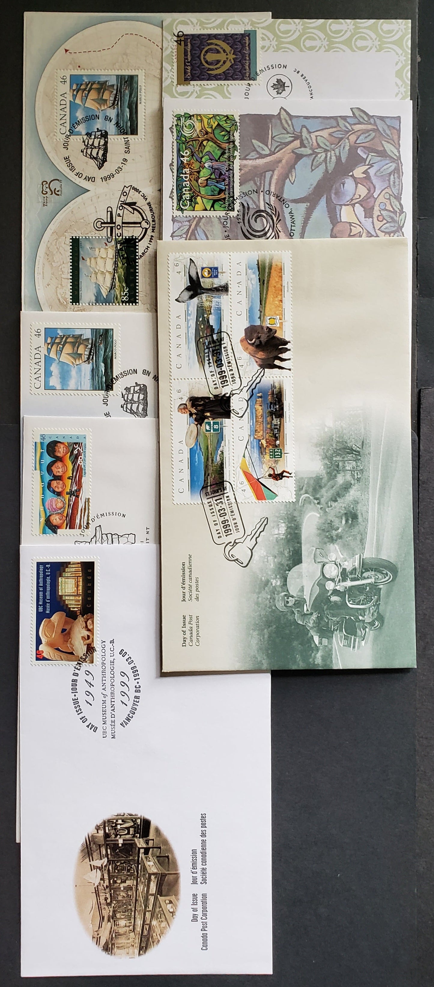 Canada #1778-1786, 1779a 46c Multicolor  1999 Museum Of Anthropology - Sikhs Issues, 7 Canada Post FDC's Franked With Singles & Block, Approx 42,000 Of Each Issued, Cat. Value $16.4