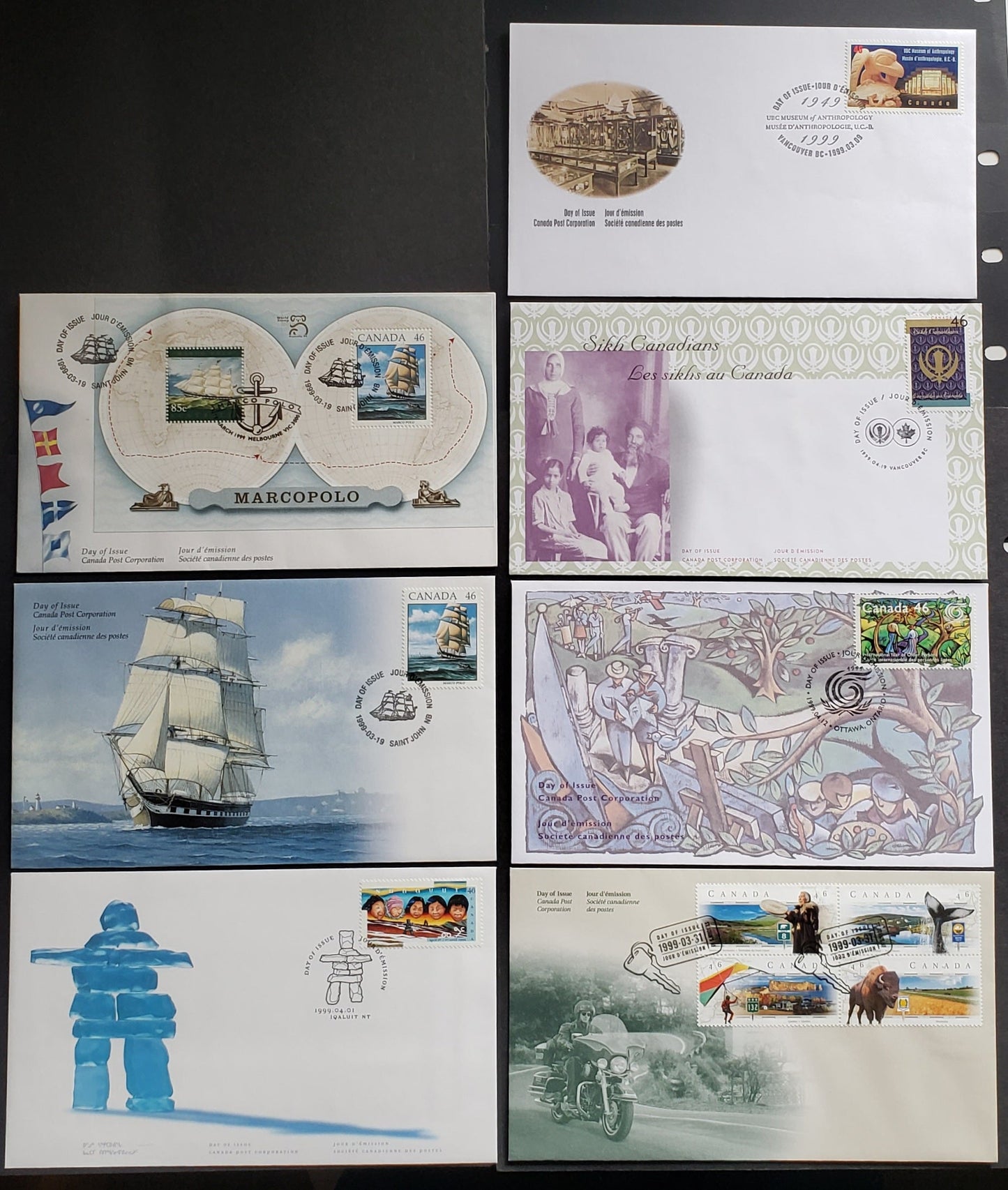 Canada #1778-1786, 1779a 46c Multicolor  1999 Museum Of Anthropology - Sikhs Issues, 7 Canada Post FDC's Franked With Singles & Block, Approx 42,000 Of Each Issued, Cat. Value $16.4