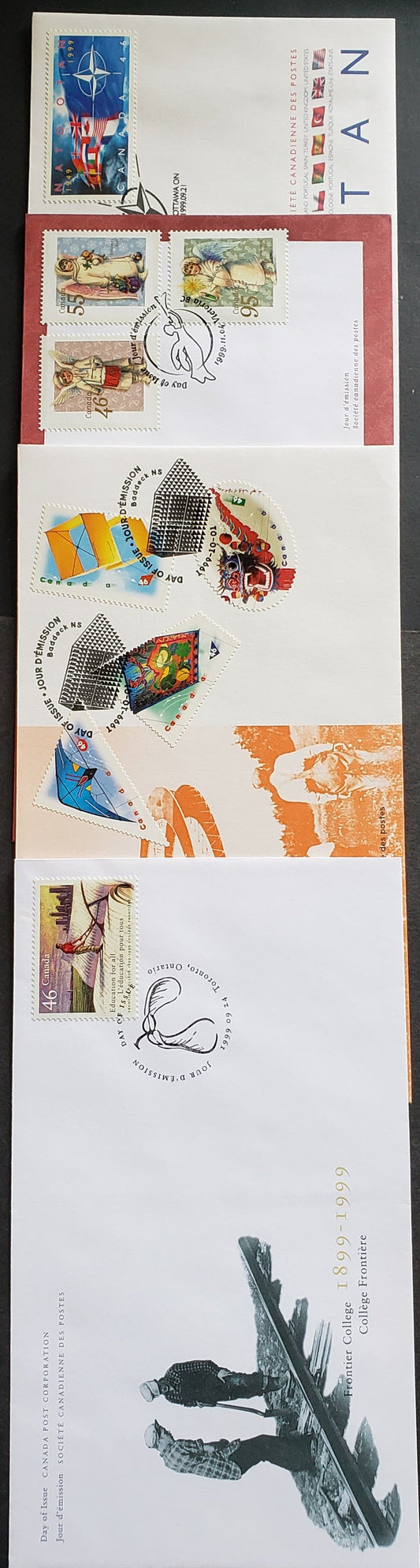 Canada #1809-1811, 1815-1817 46c, 55c & 95c Multicolor  1999 NATO - Christmas Issues, 4 Canada Post FDC's Franked With Singles, Approx 42,000 Of Each Issued, Cat. Value $11.8