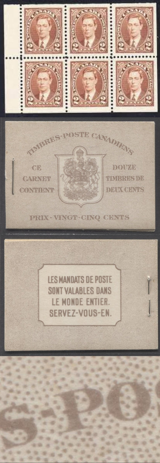 Canada #BK29cF 1937-1942 Mufti Issue, A Complete 25c French Booklet, Type II Covers, 6c Rate Page, Vertical Wove Paper, Cream Gum, Front Cover IIm, Back Cover B, VF and Scarce As Only 42,000 French Booklets Issued