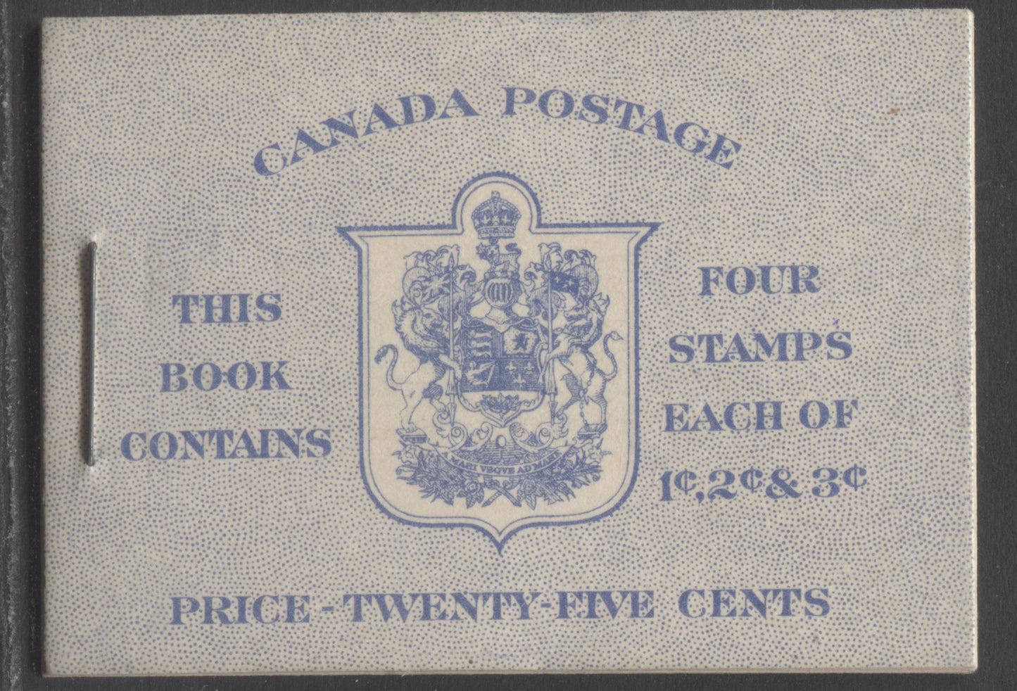 Lot 44 Canada #BK31eE 1937-1942 Mufti Issue, A Complete 25c English Booklet, 6c Airmail Rate Page, Broken 'F' In "OF" On Front Cover, Panes Of 4 Of 1c Green, 2c Brown & 3c Carmine, Vertical Wove Paper, Cream Gum, Blue Front Cover IIg, Back Cover A, VF