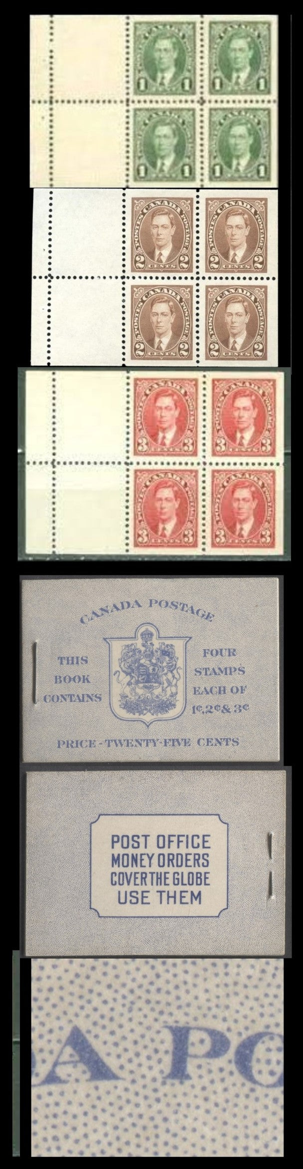 Lot 44 Canada #BK31eE 1937-1942 Mufti Issue, A Complete 25c English Booklet, 6c Airmail Rate Page, Broken 'F' In "OF" On Front Cover, Panes Of 4 Of 1c Green, 2c Brown & 3c Carmine, Vertical Wove Paper, Cream Gum, Blue Front Cover IIg, Back Cover A, VF