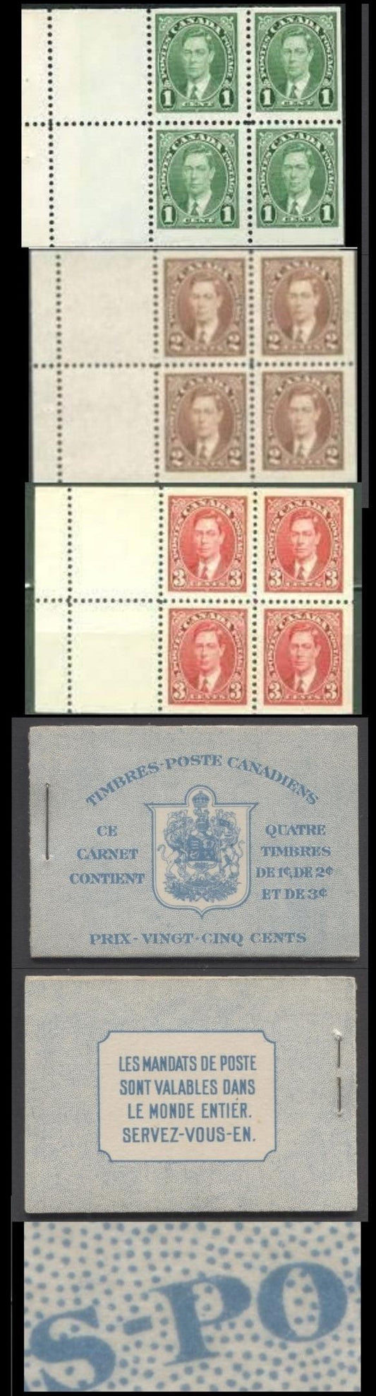 Lot 48 Canada #BK31fF 1937-1942 Mufti Issue, A Complete 25c French Booklet, 6c Airmail Rate Page, 3 Panes Of 4 Of 1c Green, 2c Brown & 3c Dark Carmine, Vertical Wove Paper, Cream Gum, Turqioise Front Cover IIq, Back Cover B, Only 227,474 Issued, Fine