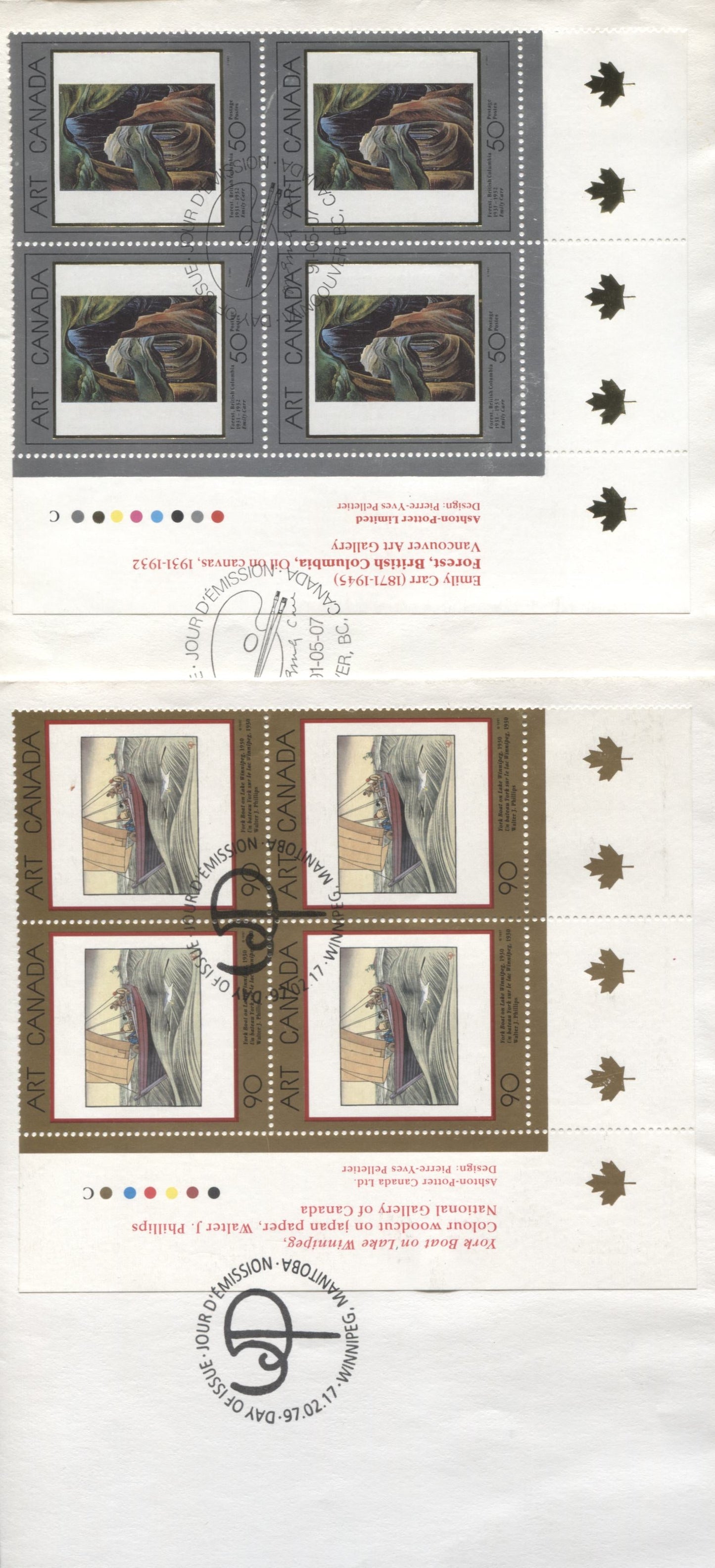 Lot 51 Canada #1310, 1635 40c & 90c Multicolor 1991 & 1997 Art Canada Issues, 2 Canada Post FDC's Franked With A LL Inscription Blocks, Only 22,000 Produced Of Each, Cat. Value $10.8