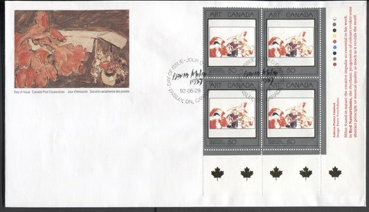 Lot 52 Canada #1419 50c Multicolor 1992 Art Canada Issue, A Canada Post FDC Franked With A LR Inscription Block, Only 22,000 Produced Of Each, Cat. Value $3.95