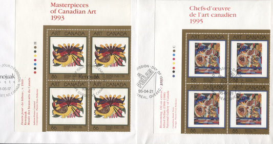 Lot 53 Canada #1466, 1545 86c & 88c Multicolor 1993-1994 Art Canada Issues, 2 Canada Post FDC's Franked With A UL Inscription Blocks, Cat. Value $13.15