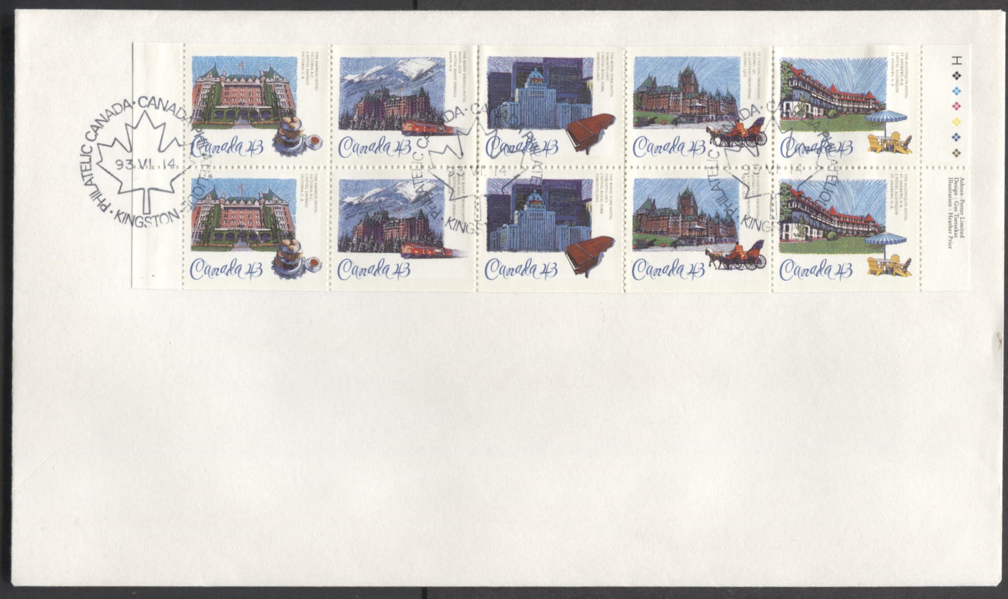 Lot 59 Canada #1471b 43c Multicolor 1993 Historic CPR Hotels, A Private FDC Franked With FuLL Booklet Pane Of 10, No Official FDC, 1.5 Million Panes Issued, Est. Value $11