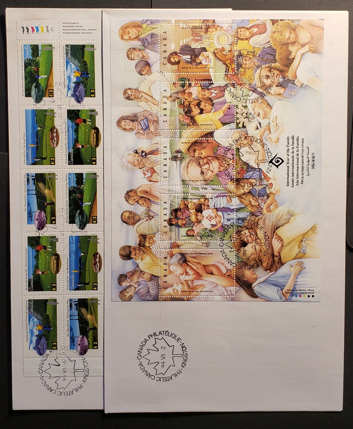 Lot 61 Canada #1523, 1557b 43c Multicolor 1994-1995 Year Of The Family & Golf Issues, 2 Private FDC's Franked With Souvenir Sheet & FuLL Booklet Of 10, No Official FDC For The Booklet Pane, But There Is One For The Souvenir Sheet, Est. Value $16.9