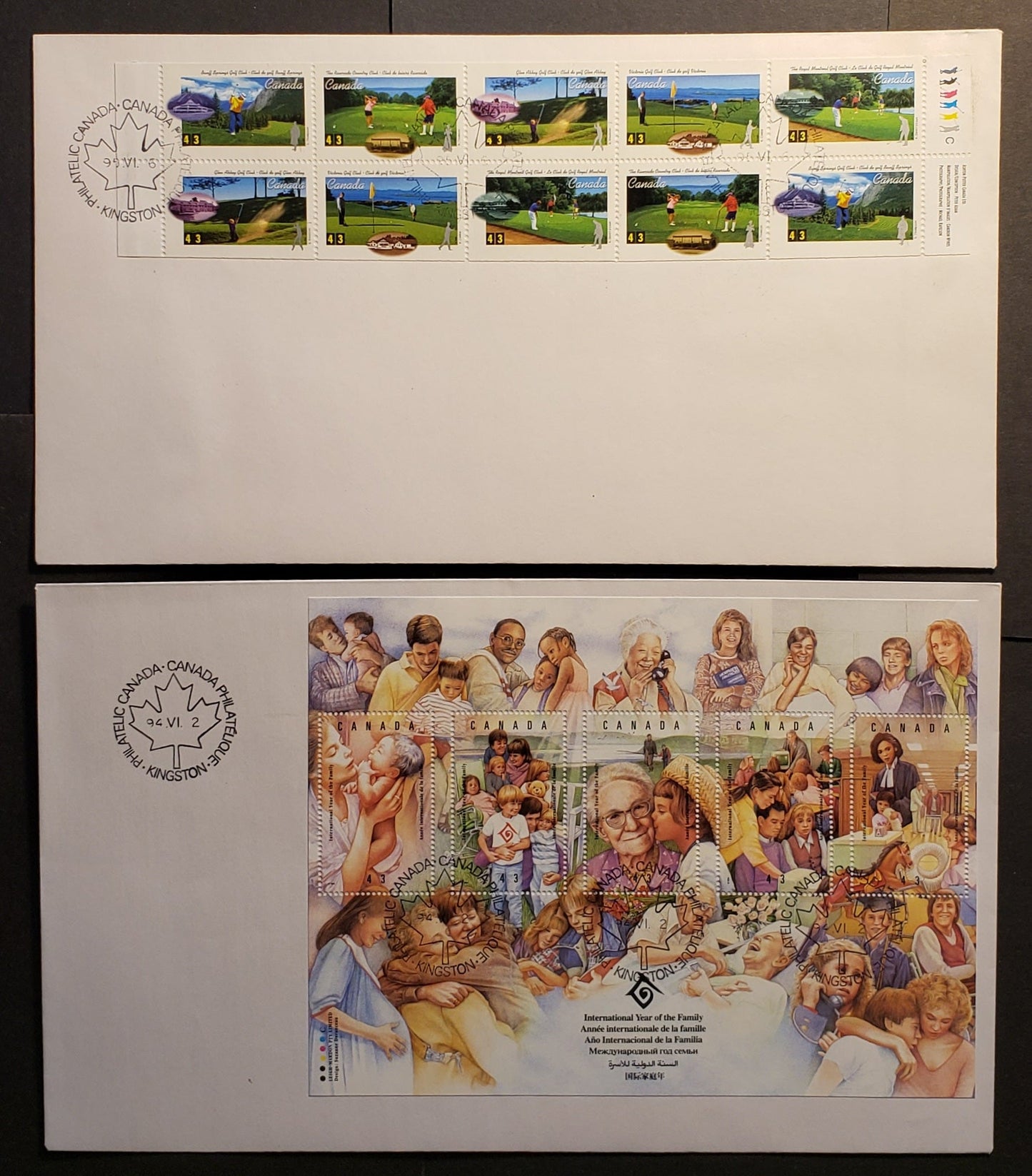 Lot 61 Canada #1523, 1557b 43c Multicolor 1994-1995 Year Of The Family & Golf Issues, 2 Private FDC's Franked With Souvenir Sheet & FuLL Booklet Of 10, No Official FDC For The Booklet Pane, But There Is One For The Souvenir Sheet, Est. Value $16.9