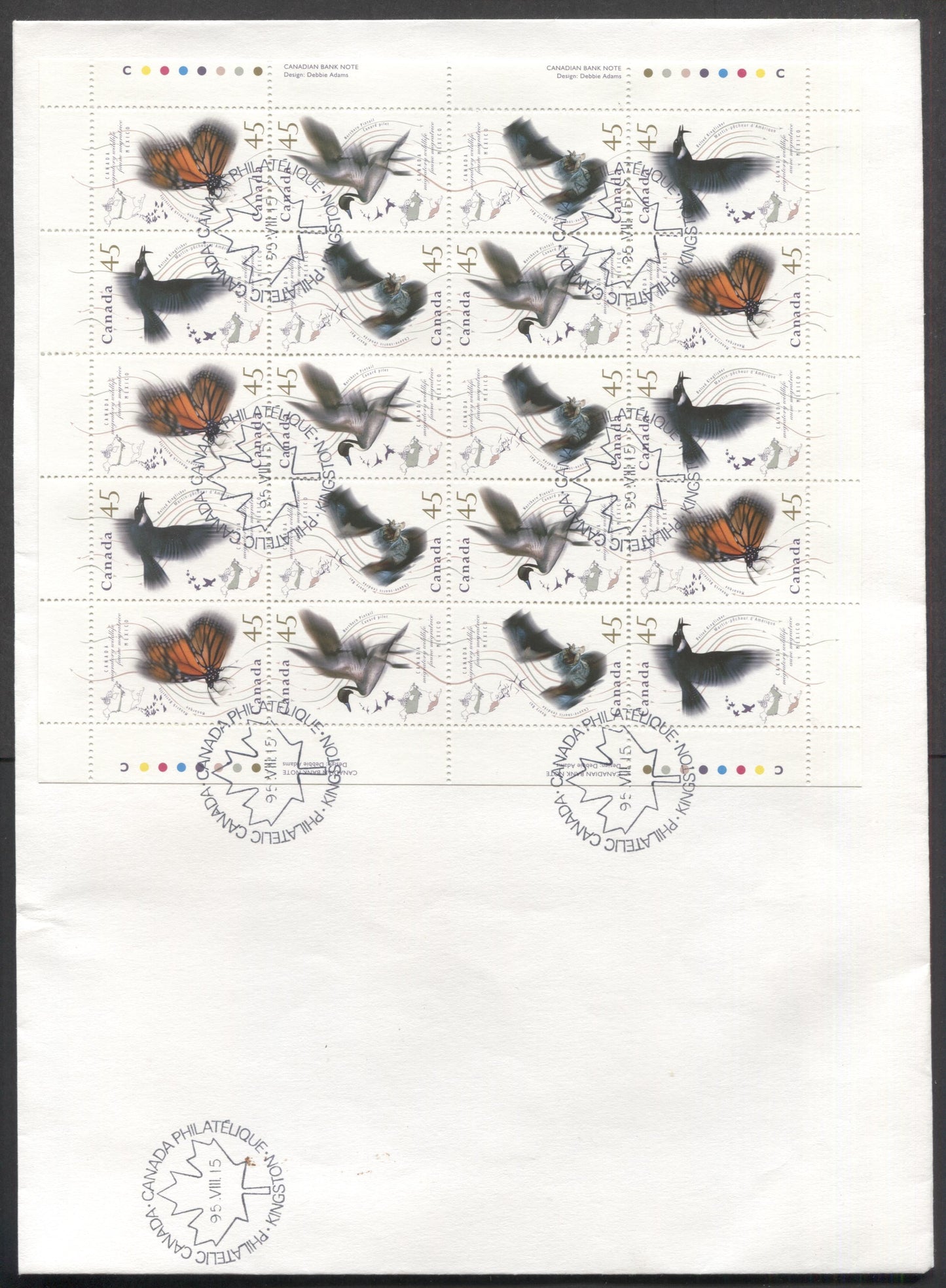 Lot 64 Canada #1563-1566 45c Multicolor 1995 Migratory Birds Issue, A Private FDC's Franked With Full Sheet Of 20, With Incorrect 'Aune' Inscription Of Belted King Fisher & Listed Flight Path Varieties, Est. Value $10