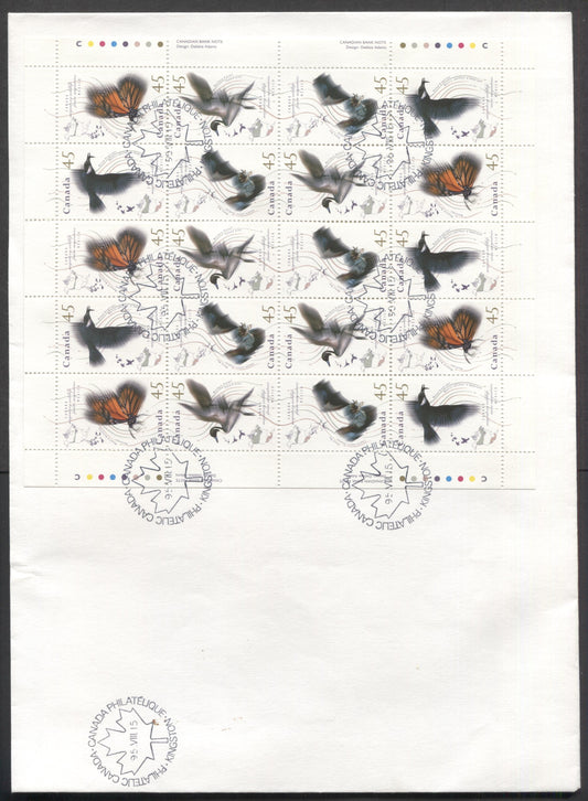 Lot 64 Canada #1563-1566 45c Multicolor 1995 Migratory Birds Issue, A Private FDC's Franked With Full Sheet Of 20, With Incorrect 'Aune' Inscription Of Belted King Fisher & Listed Flight Path Varieties, Est. Value $10