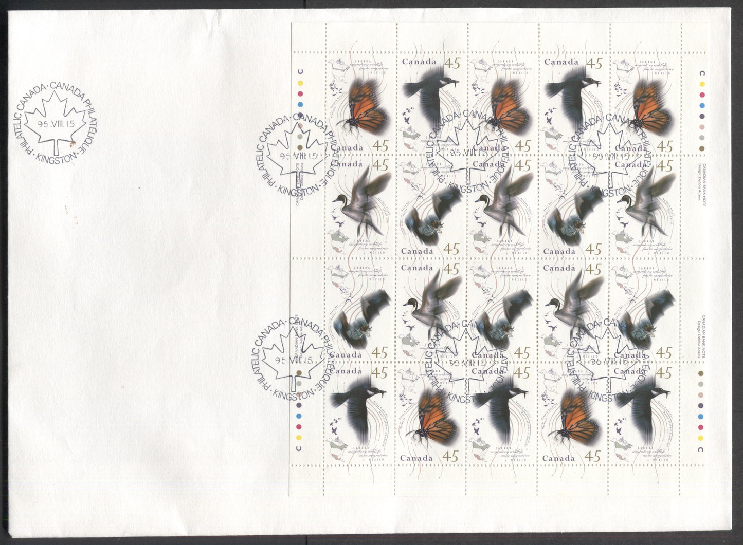 Lot 64 Canada #1563-1566 45c Multicolor 1995 Migratory Birds Issue, A Private FDC's Franked With Full Sheet Of 20, With Incorrect 'Aune' Inscription Of Belted King Fisher & Listed Flight Path Varieties, Est. Value $10