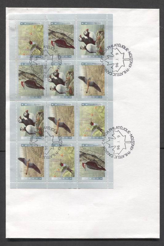 Lot 66 Canada #1591-1594 45c Multicolor 1996 Birds Of Canada Issue, A Private FDC Franked With Field Stock Pane Of 16, LF Paper, No OFDC Was Produced, Only For 2 Pairs, 1,250,000 Shaeets Were Printed On LF & MF Papers, Est. Value $15