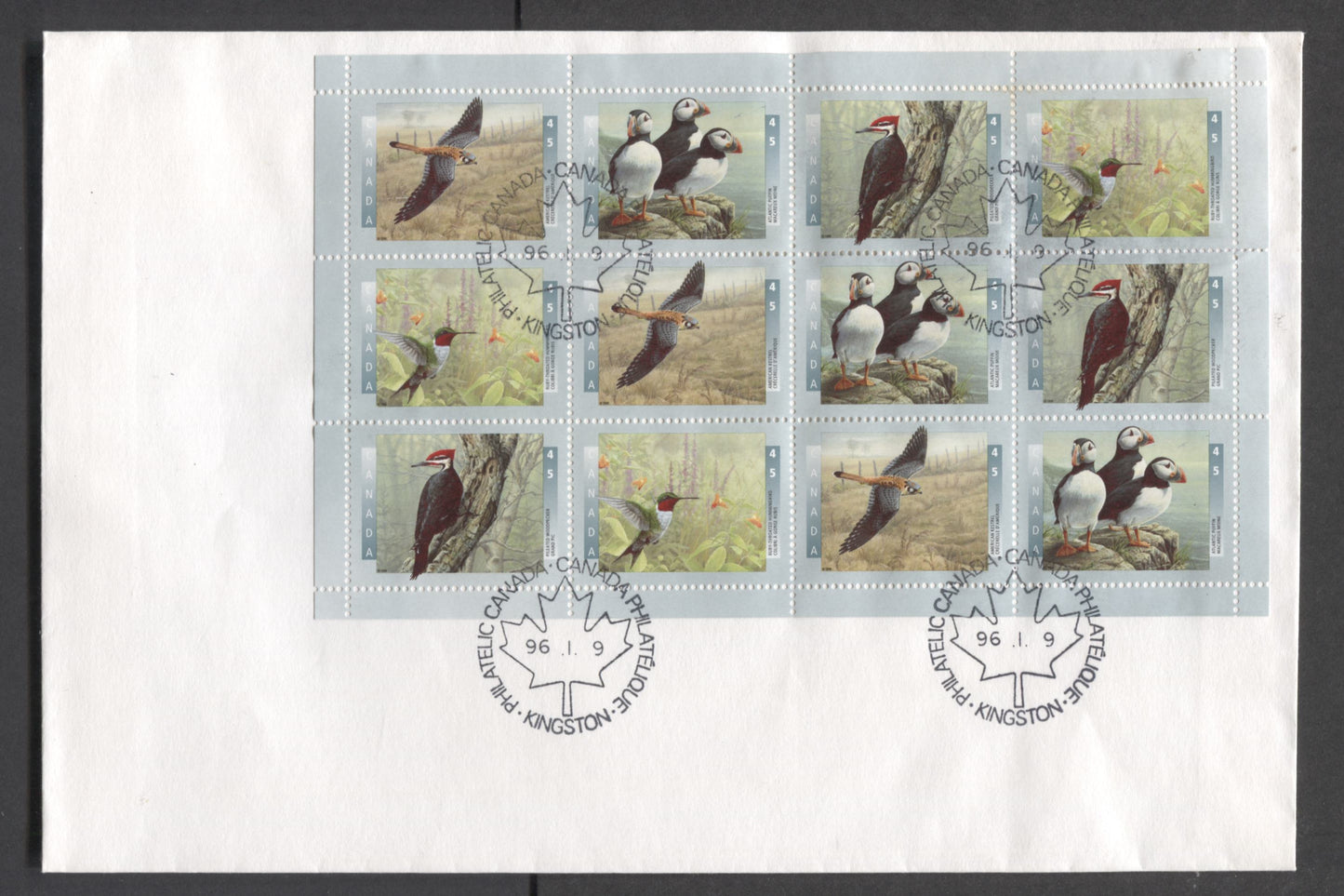 Lot 66 Canada #1591-1594 45c Multicolor 1996 Birds Of Canada Issue, A Private FDC Franked With Field Stock Pane Of 16, LF Paper, No OFDC Was Produced, Only For 2 Pairs, 1,250,000 Shaeets Were Printed On LF & MF Papers, Est. Value $15