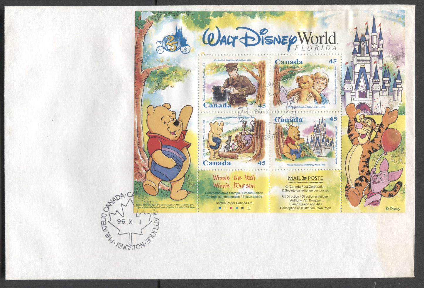 Lot 68 Canada #1621b 45c Multicolor 1996 Winnie The Pooh Issue, A Private FDC's Franked With Souvenir Sheet, No Official FDC For The Sheets, Only For The Se-Tenant Blocks, Est. Value $10