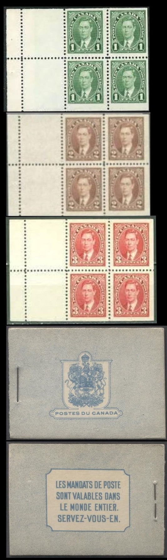 Lot 82 Canada #BK31bF 1937-1942 Mufti Issue, A Complete 25c French Booklet, No Rate Page, 3 Panes Of 4 Of 1c Green, 2c Brown & 3c Dark Carmine, Horizontal Ribbed Paper, Front Cover Ib, Back Cover B, Type I Covers, Fine, Only 227,474 Issued