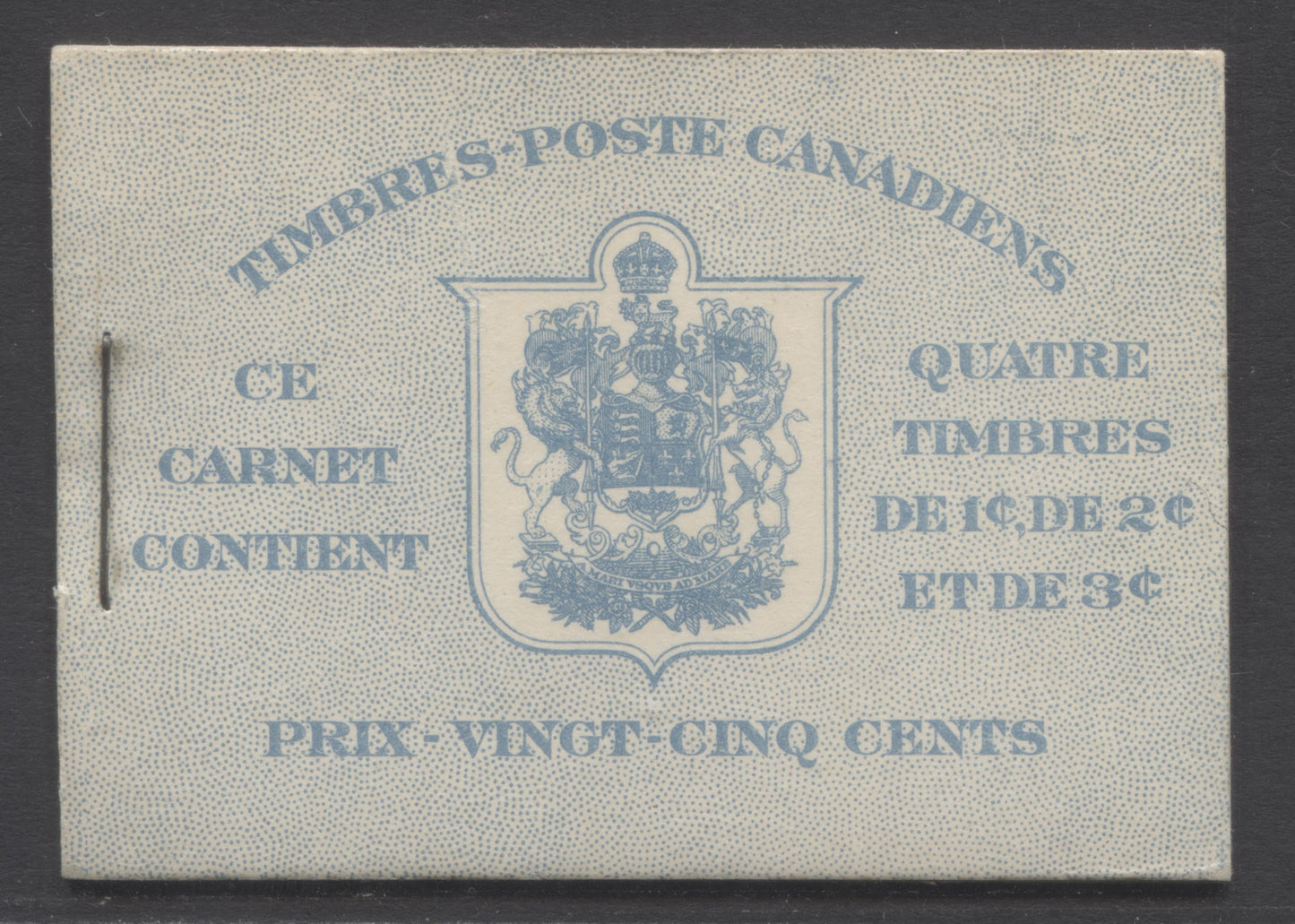 Lot 84 Canada #BK31dF 1937-1942 Mufti Issue, A Complete 25c French Booklet, No Rate Page,  Panes Of 4 Of 1c Green, 2c Brown & 3c Dark Carmine, Horizontal Ribbed Paper, Yellowish Gum, Front Cover IIp, Back Cover B, VF, Turquoise Covers