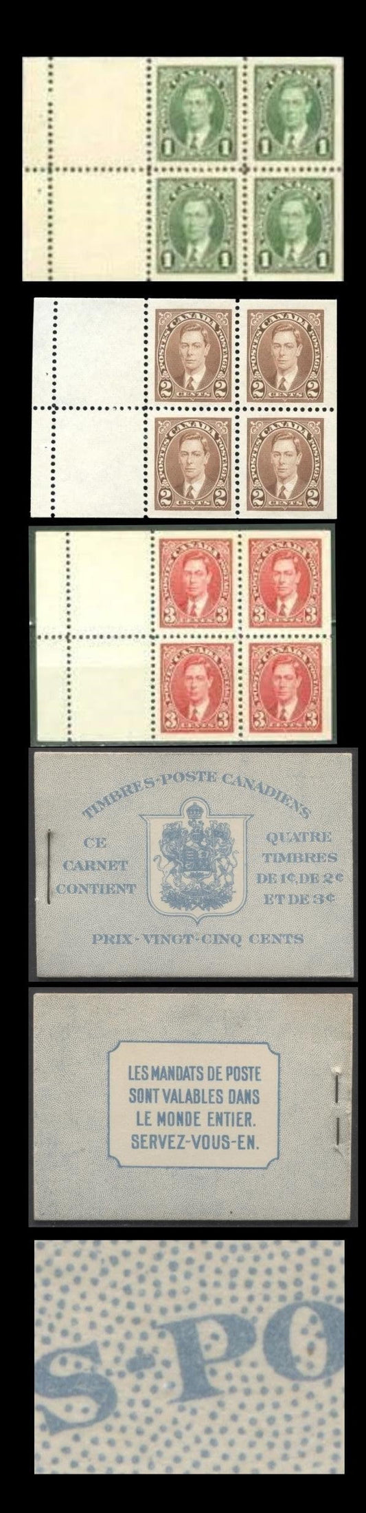 Lot 84 Canada #BK31dF 1937-1942 Mufti Issue, A Complete 25c French Booklet, No Rate Page,  Panes Of 4 Of 1c Green, 2c Brown & 3c Dark Carmine, Horizontal Ribbed Paper, Yellowish Gum, Front Cover IIp, Back Cover B, VF, Turquoise Covers