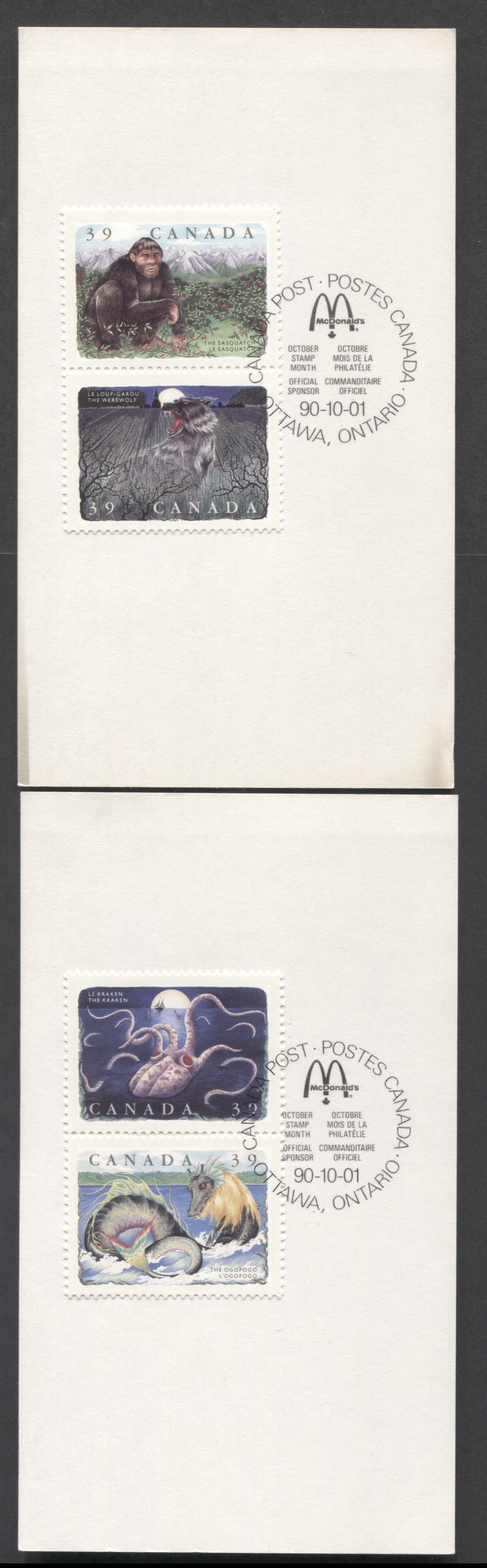 Lot 24 Canada #1289a-1292c 39c Multicolor 1990 Folklore Issue, 2 McDonalds Souvenir Cards, Franked With Singles, First Day Cancels, Scarcer Perf 12.5 X 12, Cat. Value $20