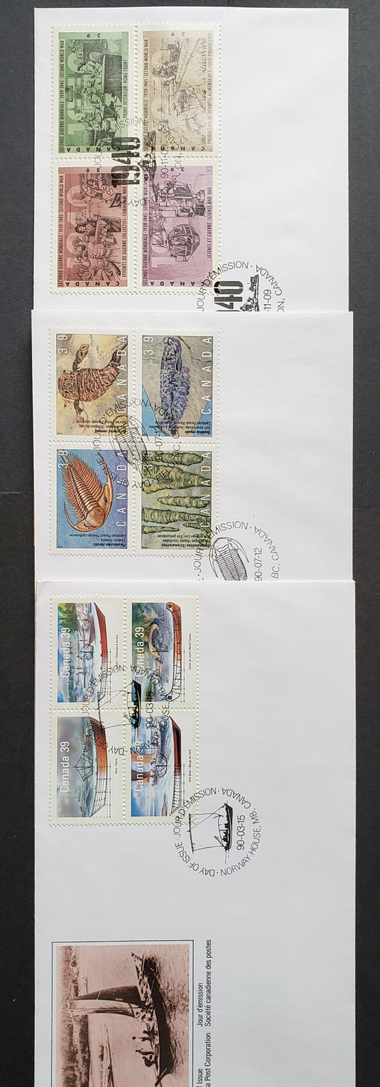 Lot 87 Canada #1269a, 1282a, 1301a 39c Multicolor 1990 Small Craft - World War 2 Issues, 3 Canada Post FDC's Franked With Se-Tenant Blocks, Approx 40,000 Of Each Produced, Cat. Value $11.3
