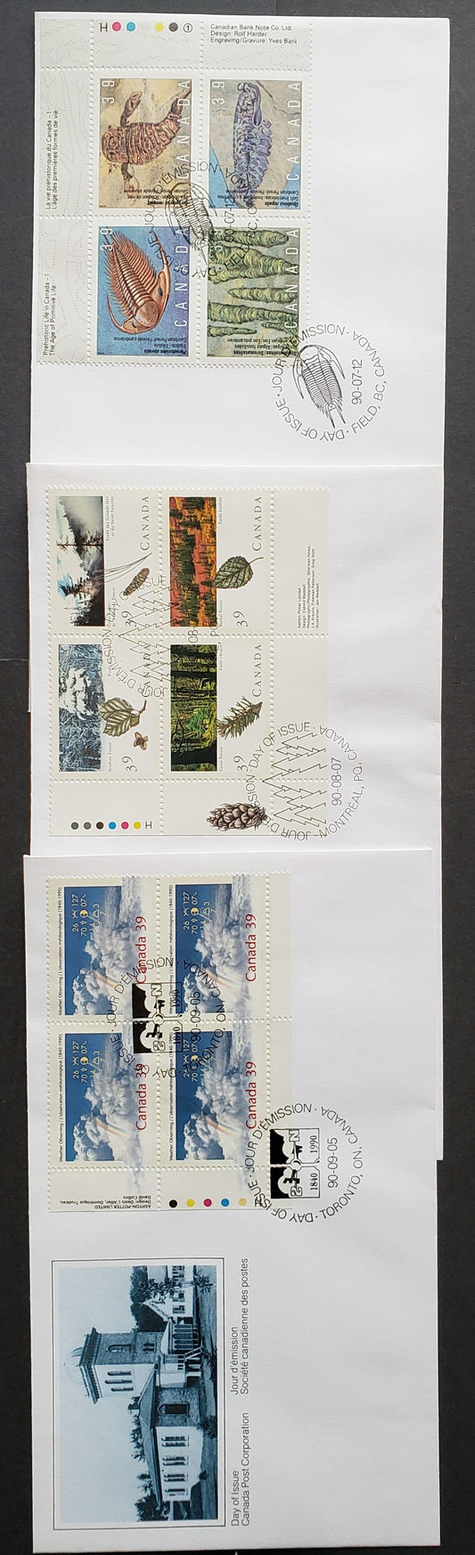Lot 89 Canada #1282a, 1286a, 1287 39c Multicolor 1990 Prehistoric Life - Weather Observation Issues, 3 Canada Post FDC's Franked With Inscription Blocks, Generally 20,000-22,000 Of Each Issued, Cat. Value $9.45
