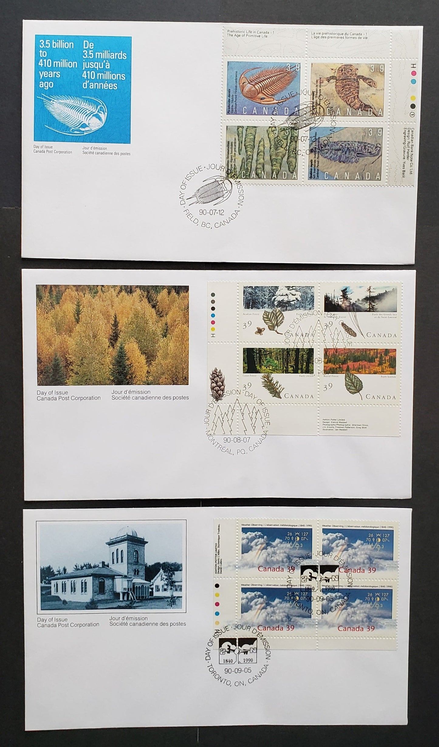 Lot 89 Canada #1282a, 1286a, 1287 39c Multicolor 1990 Prehistoric Life - Weather Observation Issues, 3 Canada Post FDC's Franked With Inscription Blocks, Generally 20,000-22,000 Of Each Issued, Cat. Value $9.45