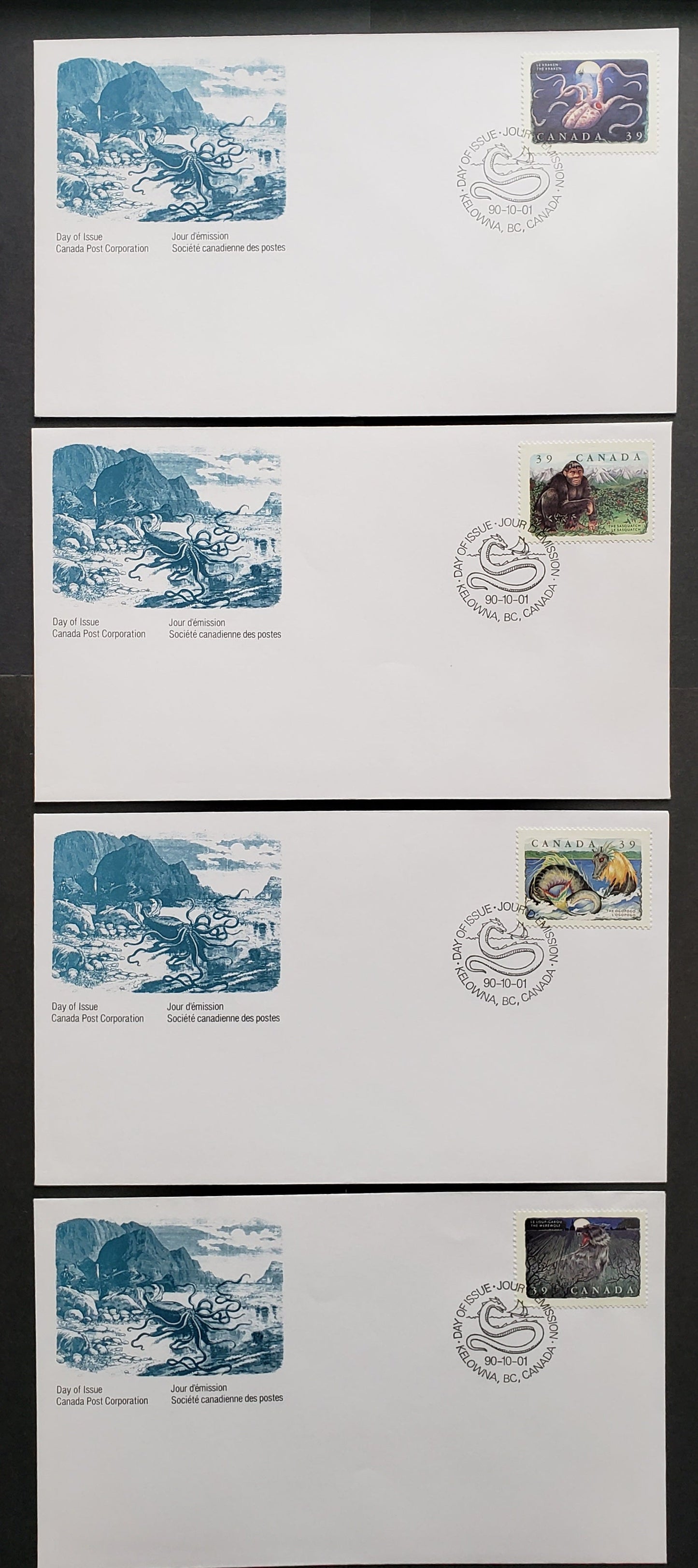 Lot 90 Canada #1289a-1292c 39c Multicolor 1990 Folklore Issue, 4 Canada Post FDC's Franked With Singles, With Scarcer Perf 12.5 X 12, This Is The Only Perf That The FDC'S With Singles Came In, Quantity Issued Unknown, Cat. Value $20