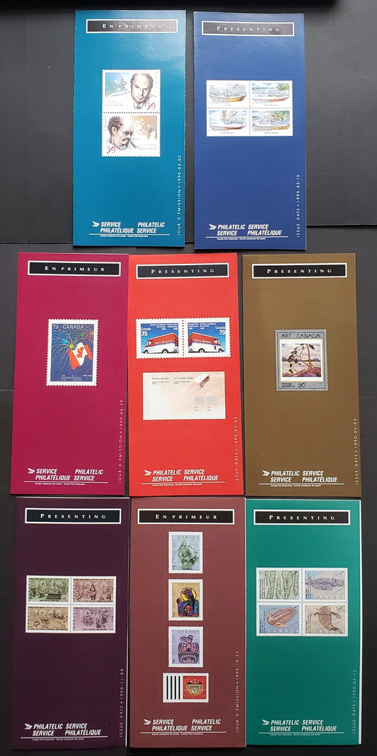 Lot 92 Canada 1990, 8 Canada Post New Issue Brochues, Nearly Complete Set, New 'Presenting' Bilingual Format Introduced In 1989, Est. Value $2-3