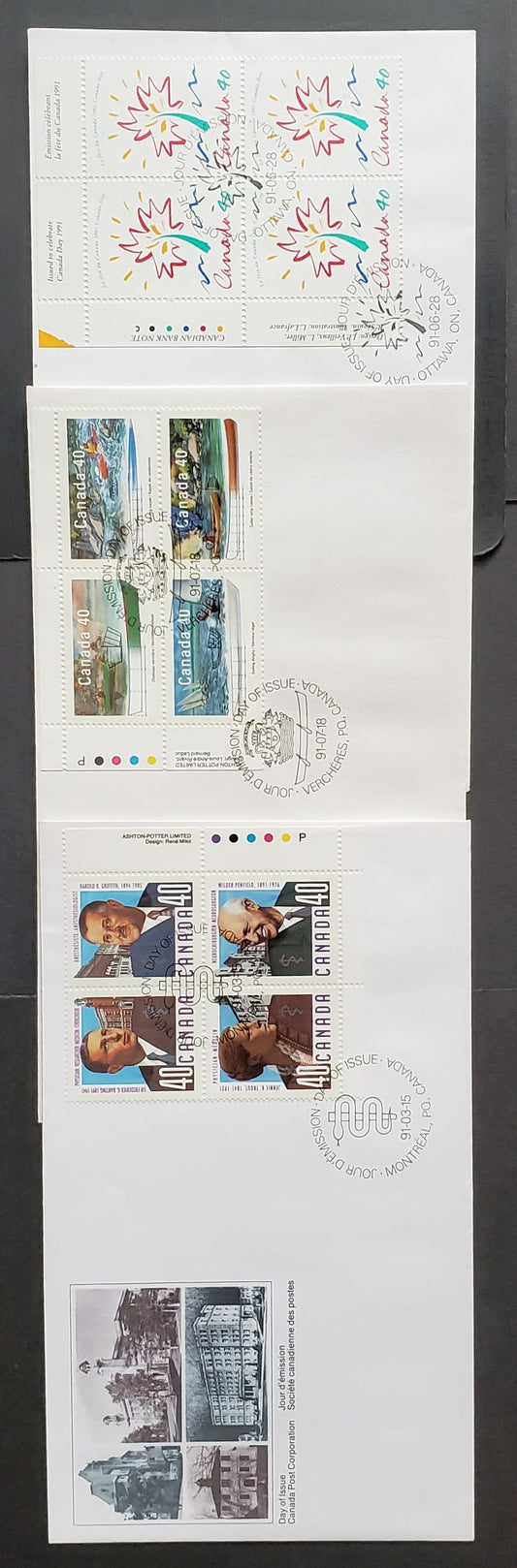 Lot 94 Canada #1305a, 1316, 1320a 40c Multicolor 1991 Doctors - Small Craft Issues, 3 Canada Post FDC's Franked With UL & LR Inscription Blocks, Approx 22,000 Of Each Produced, Cat. Value $10.65