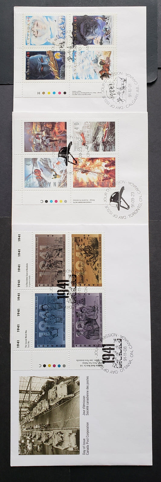 Lot 95 Canada #1333a, 1337a, 1348a 40c Multicolor 1991 Canadian Folklore - WW2 Issues, 3 Canada Post FDC's Franked With UL Inscription Blocks, Approx 22,000 Of Each Produced, Cat. Value $11.1