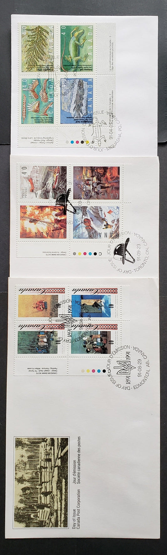 Lot 96 Canada #1309a, 1329a, 1333a 40c Multicolor 1991 Prehistoric Life - Dangerous Occupations Issues, 3 Canada Post FDC's Franked With LL Inscription Blocks, Approx 22,000 Of Each Produced, Est. Value $11.1