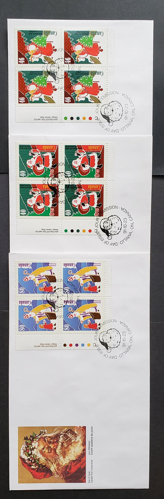 Lot 97 Canada #1339-1341 40c-80c Multicolor 1991 Christmas Issue, 3 Canada Post FDC's Franked With LL Inscription Blocks, Approx 22,000 Of Each Produced, Cat. Value $12.9