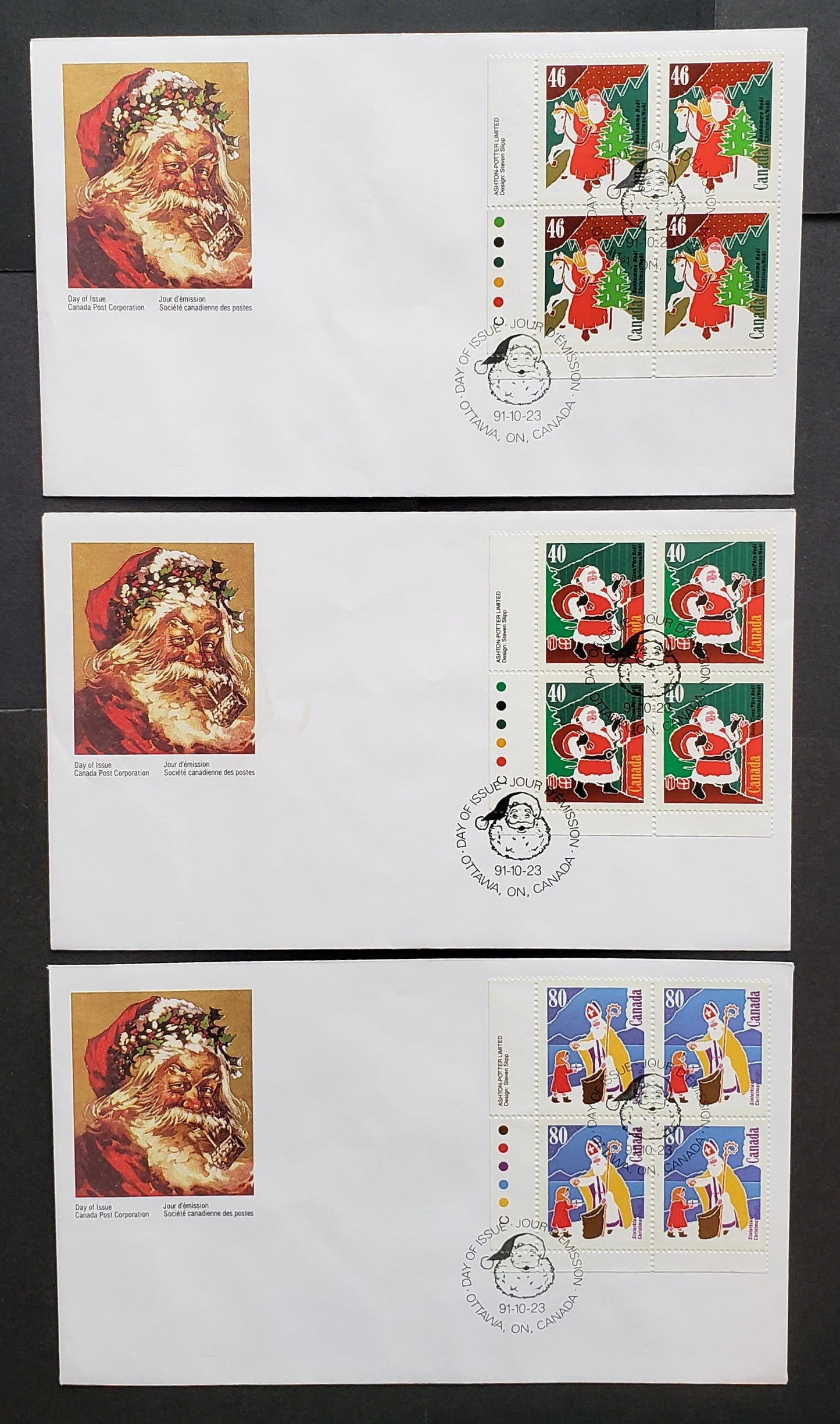 Lot 97 Canada #1339-1341 40c-80c Multicolor 1991 Christmas Issue, 3 Canada Post FDC's Franked With LL Inscription Blocks, Approx 22,000 Of Each Produced, Cat. Value $12.9