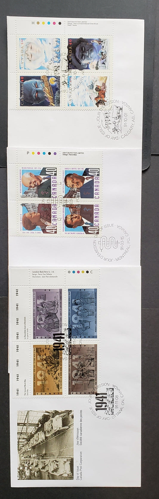 Lot 98 Canada #1305a, 1337a, 1348a 40c Multicolor 1991 Doctors - WW2 Issues, 3 Canada Post FDC's Franked With UR Inscription Blocks, Approx 22,000 Of Each Produced, Cat. Value $11.1