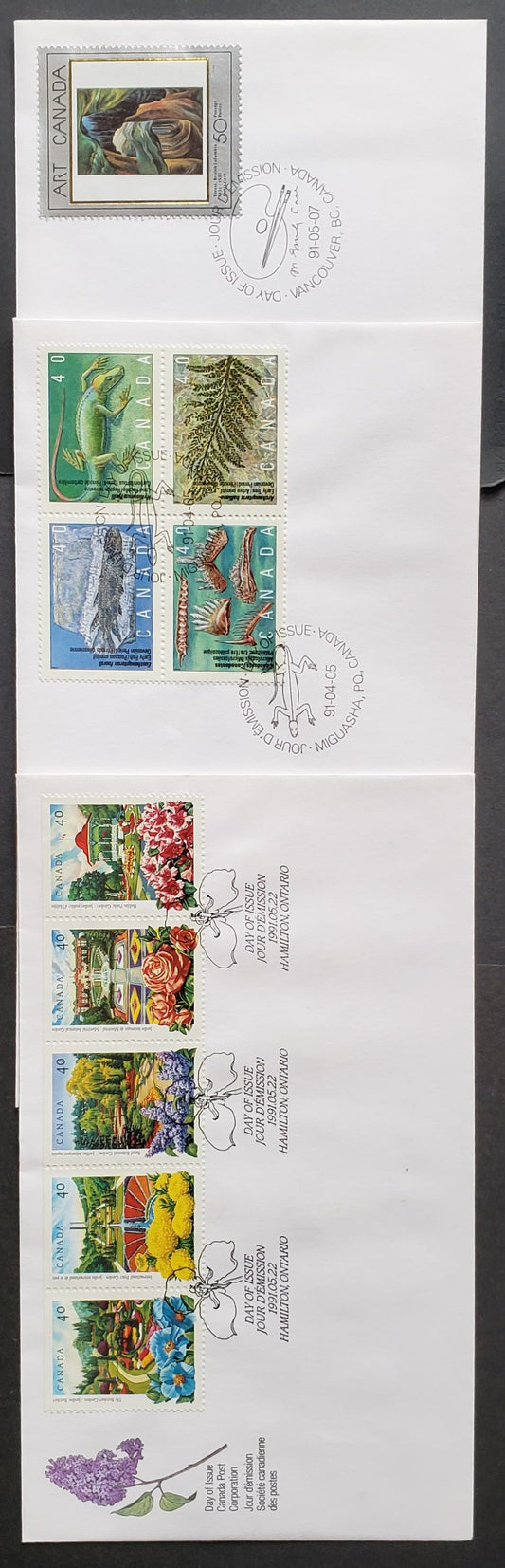 Lot 99 Canada #1309a, 1310, 1315a 40c & 50c Multicolor 1991 Prehistoric Life - Public Gardens, 3 Canada Post FDC's Franked With Single, Strip Of 5 & Block Of 4, Approx 40,000-50,000 Of Each Produced, Cat. Value $9.7