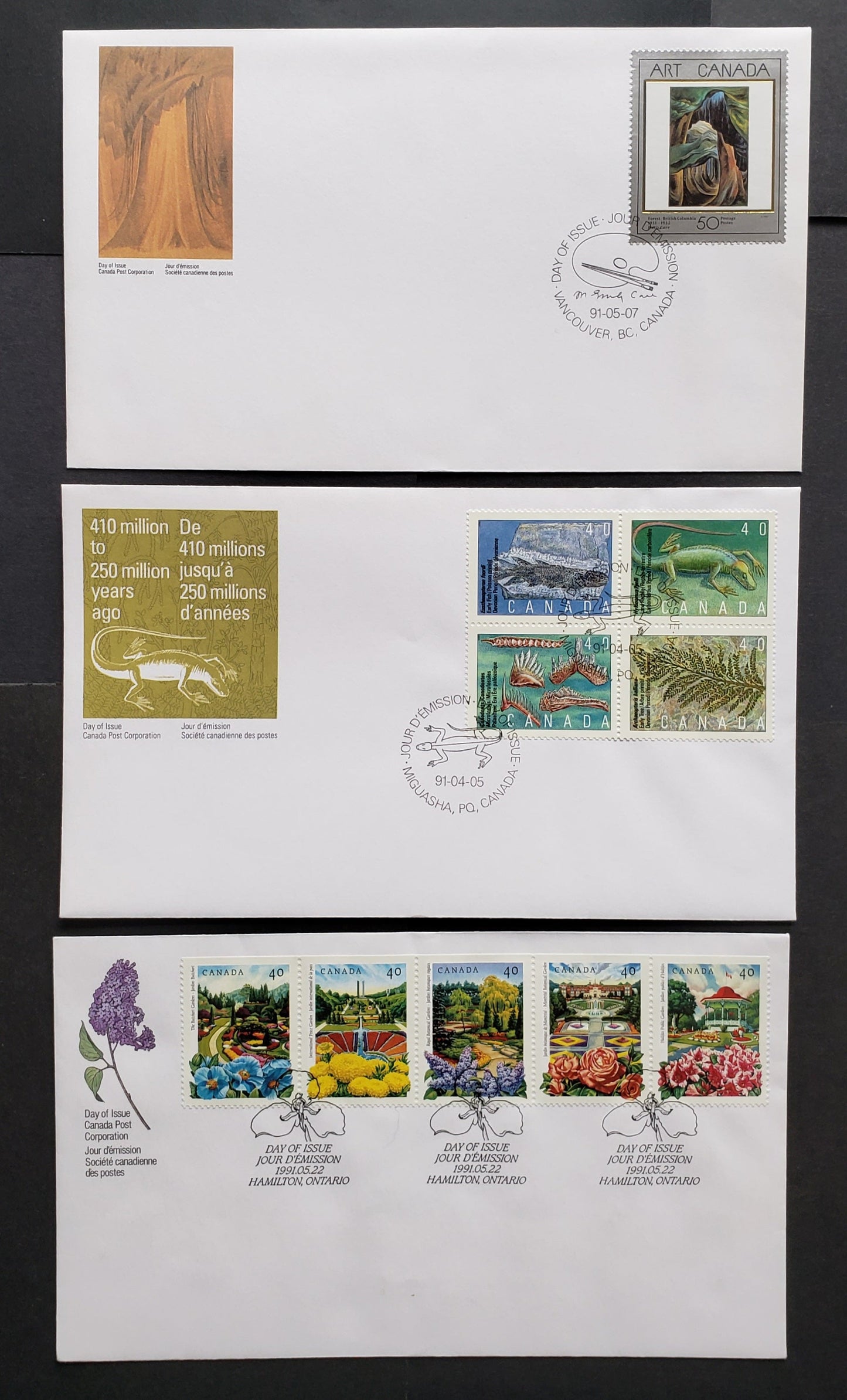 Lot 99 Canada #1309a, 1310, 1315a 40c & 50c Multicolor 1991 Prehistoric Life - Public Gardens, 3 Canada Post FDC's Franked With Single, Strip Of 5 & Block Of 4, Approx 40,000-50,000 Of Each Produced, Cat. Value $9.7