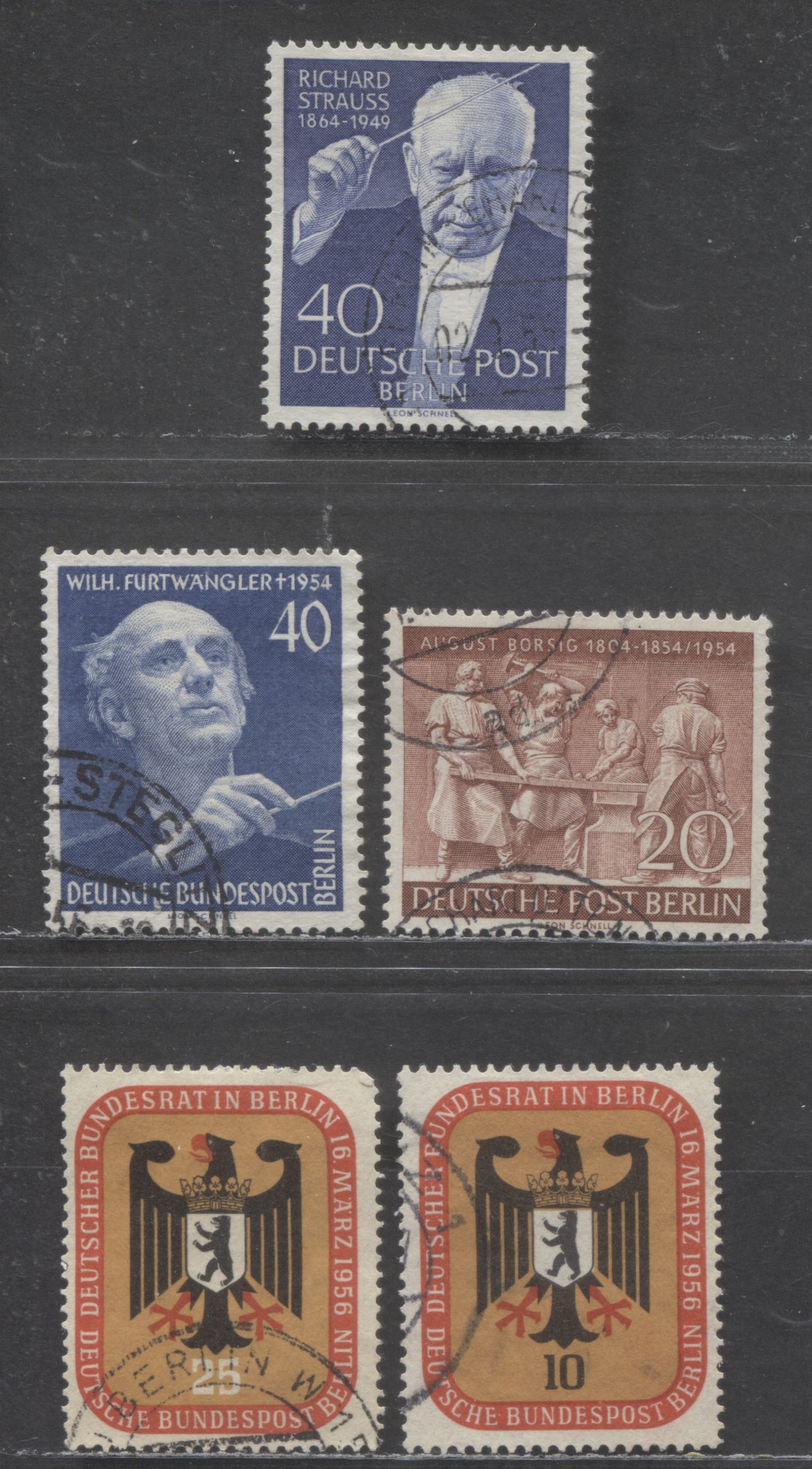 Germany - Berlin SC#9N111/9N119 1954-1956 Richard Strauss - Bundesrat Meeting Issues, 5 Very Fine Used Singles, Click on Listing to See ALL Pictures, 2022 Scott Classic Cat. $22.85 USD