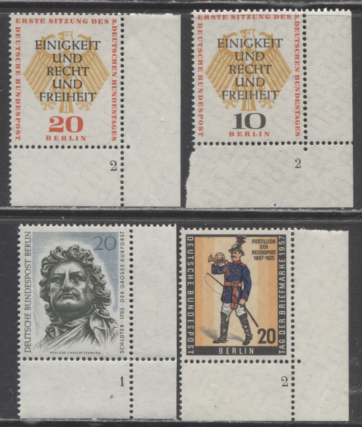 Lot 59 Germany - Berlin SC#9N158/9N257 1957-1967 Bundesrat - Berlin Art Treasures Issues, 4 VFNH Corner Plate Number Margin Singles, Click on Listing to See ALL Pictures, 2017 Scott Cat. $3.4 USD